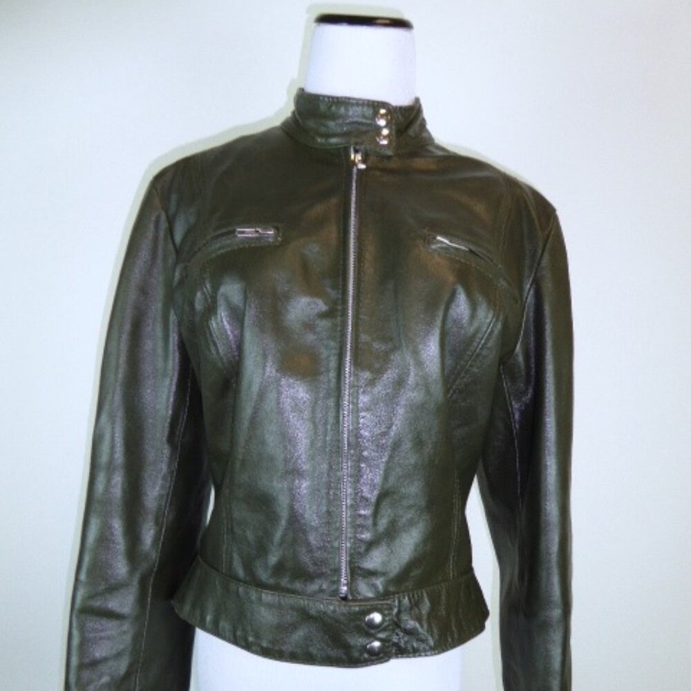 LIST Italy OLIVE GREEN LEATHER ZIP Motorcycle BomberJacket XS